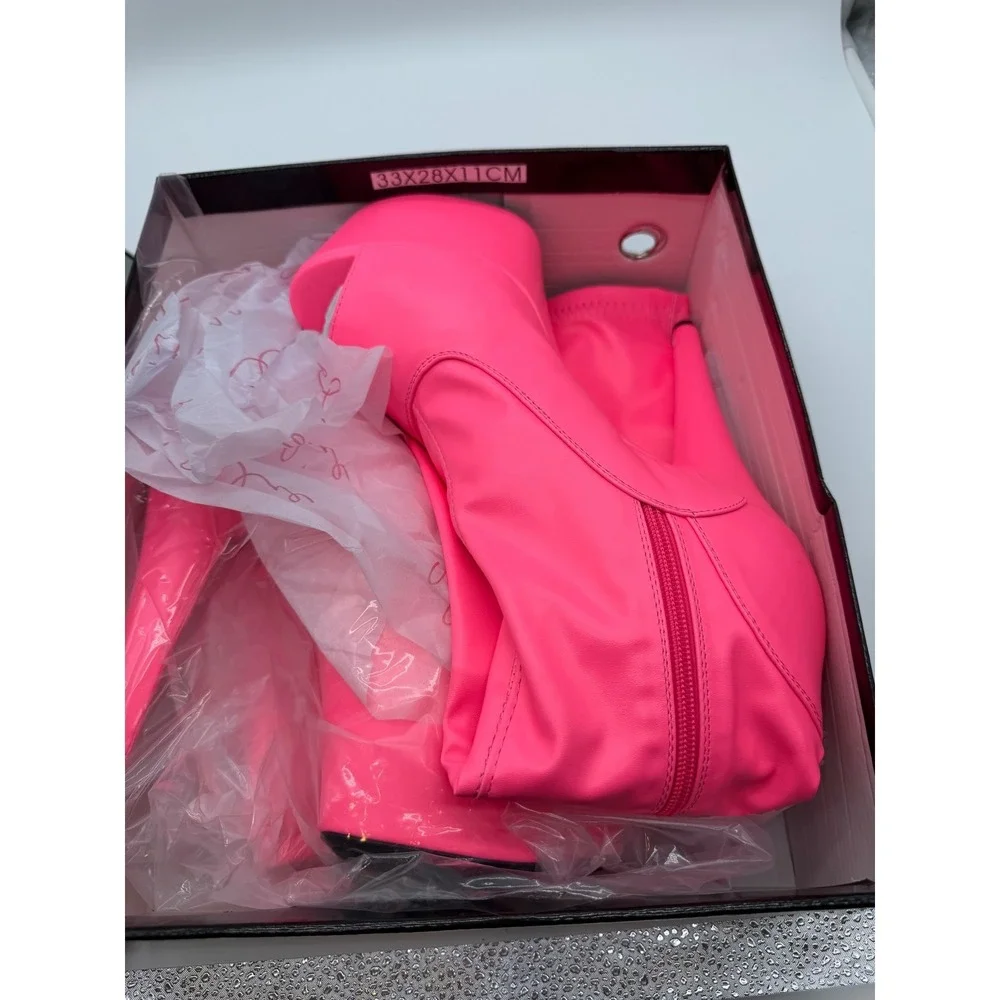 Ellie Neon Pink Peep Toe Platform Boots Knee High Stiletto Heel 11